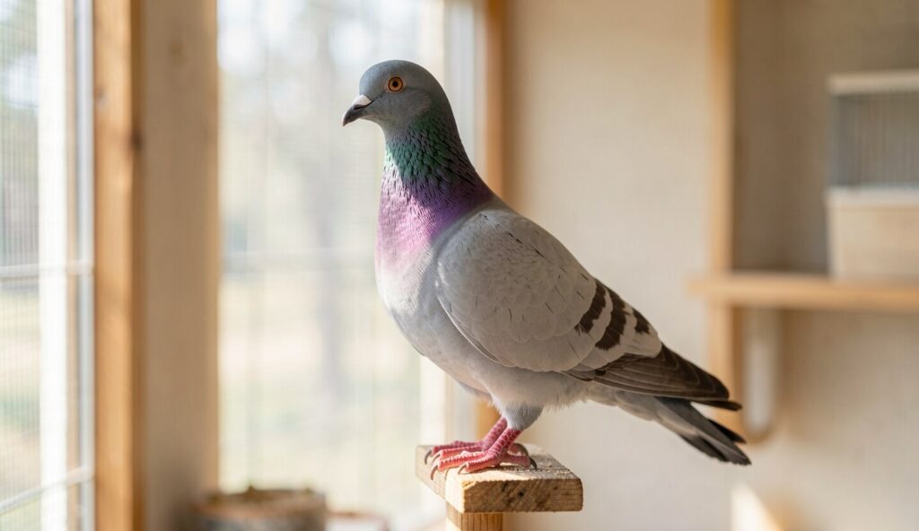 A Carneau pigeon standing on a wooden perch in a well-lit indoor aviary, showing its rounded head and calm expression