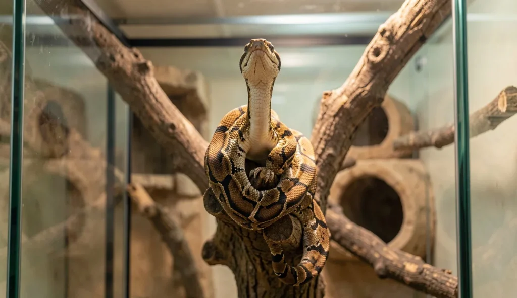 A carpet python resting on a vertical branch inside a tall reptile enclosure with a warm basking area and hiding spots.