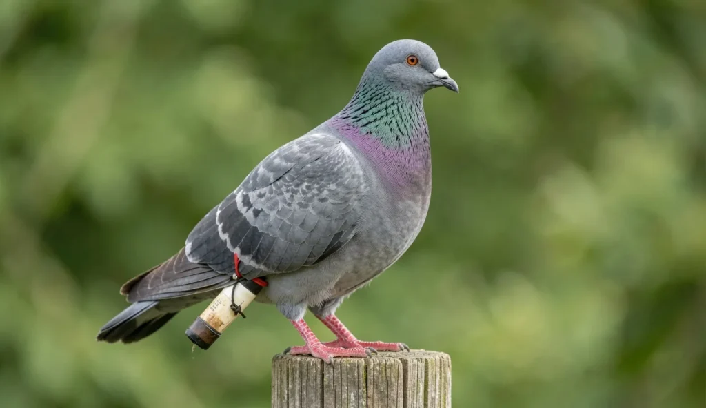 Carrier pigeon with message tube on leg perched on wooden post