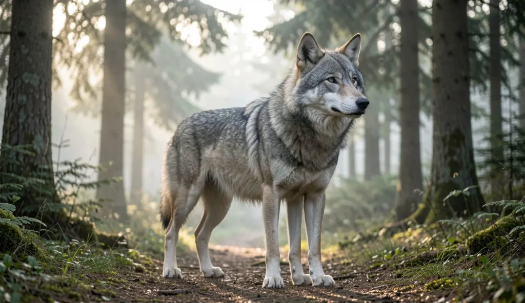 A gray wolf standing alert on a forest trail with evergreen trees and morning mist in the background.