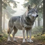 A gray wolf standing alert on a forest trail with evergreen trees and morning mist in the background.