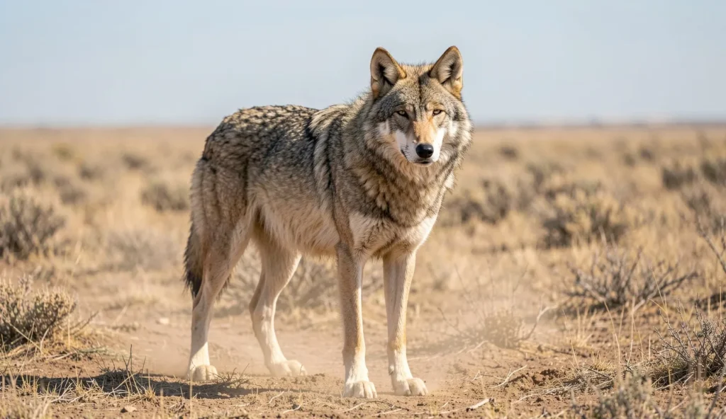 A mature wolf stands alert in a dry steppe landscape with sparse scrub near the Caspian region.