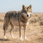 Caspian Sea Wolf – Range Around The Caspian Sea, Desert Adaptations & Complete Care Guide A mature wolf stands alert in a dry steppe landscape with sparse scrub near the Caspian region.