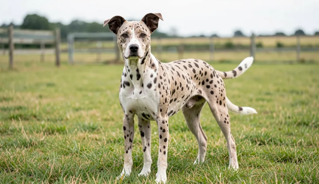A Catahoula Leopard Dog with a leopard merle coat stands alert in a grassy ranch yard in natural daylight.
