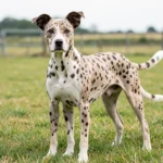 Catahoula Leopard Dog – High Energy Temperament, Coat Patterns And Complete Care Guide A Catahoula Leopard Dog with a leopard merle coat stands alert in a grassy ranch yard in natural daylight.