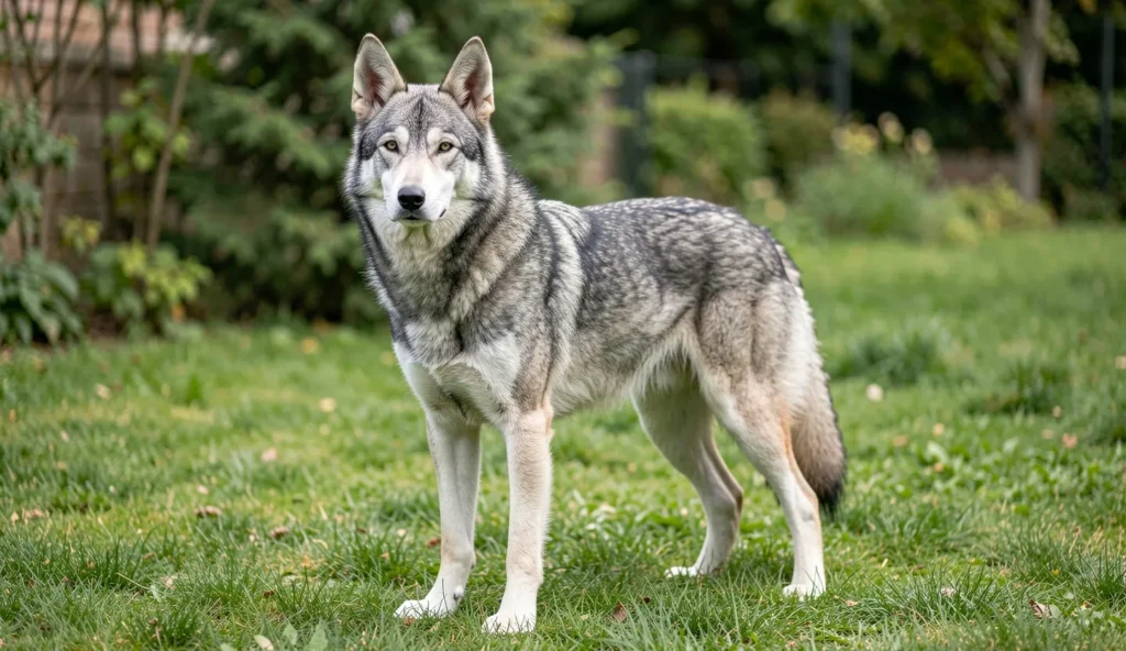 A Czechoslovakian Wolfdog stands alert in a grassy yard with its ears up and thick gray coat visible.