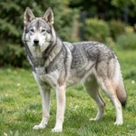 A Czechoslovakian Wolfdog stands alert in a grassy yard with its ears up and thick gray coat visible.