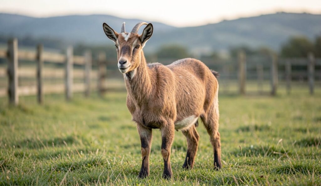Chamois goat standing on a grassy pasture with warm tan and brown coat and darker facial markings