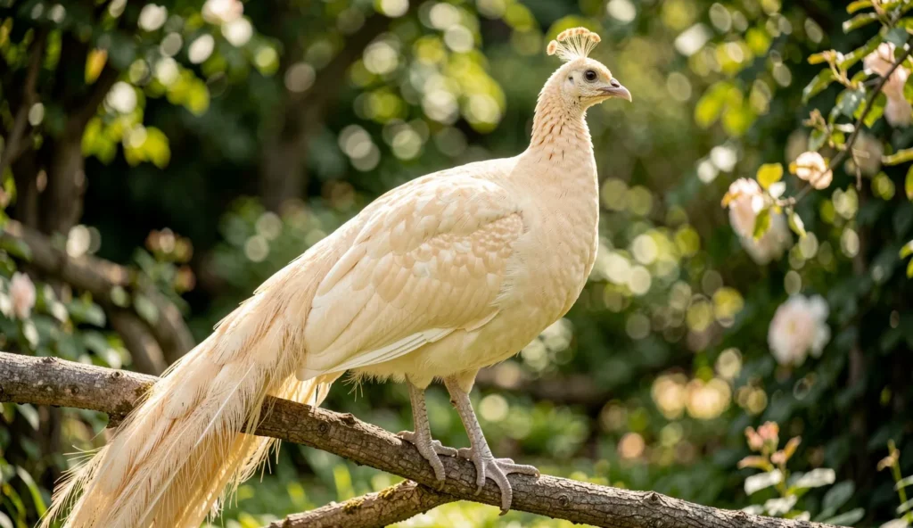 Champagne Peafowl male with pale champagne gold beige plumage perched on a branch in a garden