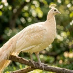 Champagne Peafowl Pale Golden Beige – Key Descriptors & Complete Breeding Guide Champagne Peafowl male with pale champagne gold beige plumage perched on a branch in a garden