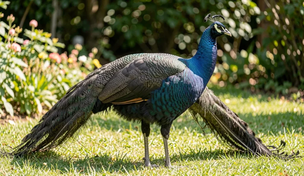 Charcoal Peafowl standing in a garden exposing dark plumage and iridescent hues