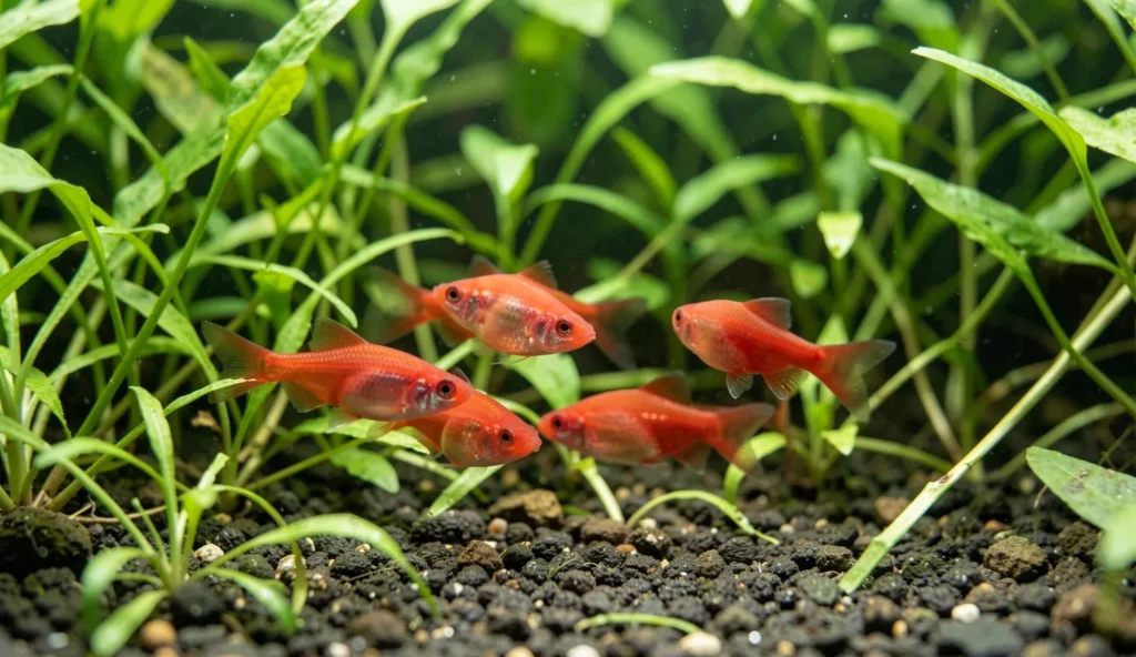 Cherry barb fish with red coloration swimming among plants in a planted freshwater aquarium.