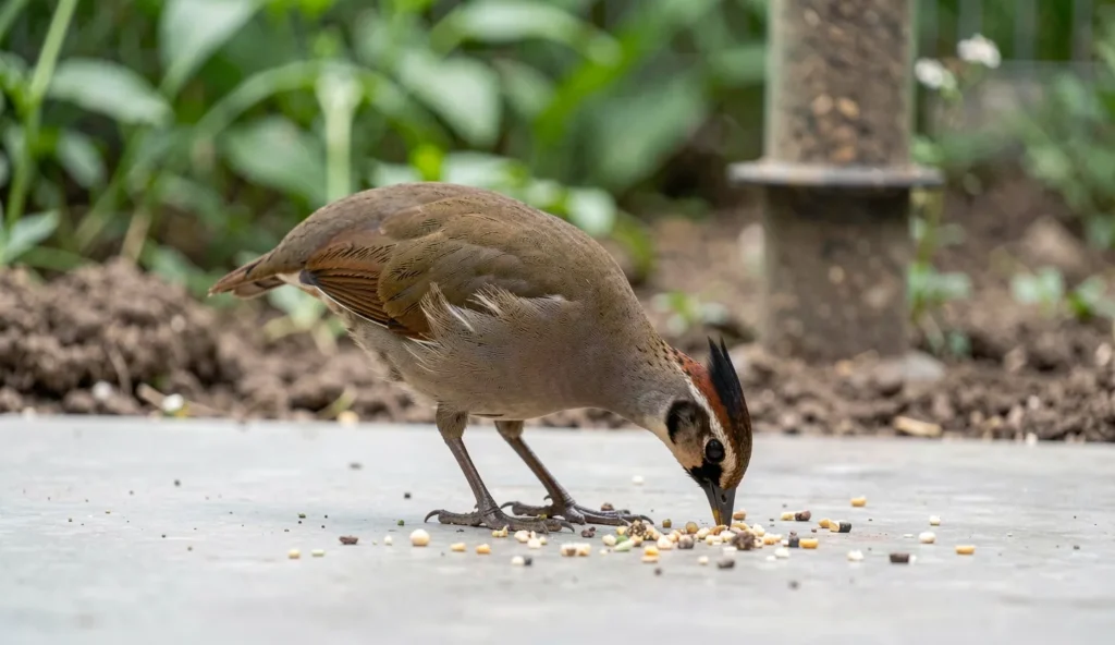 Chestnut-naped francolin pecking at food near a feeder inside a natural aviary setting