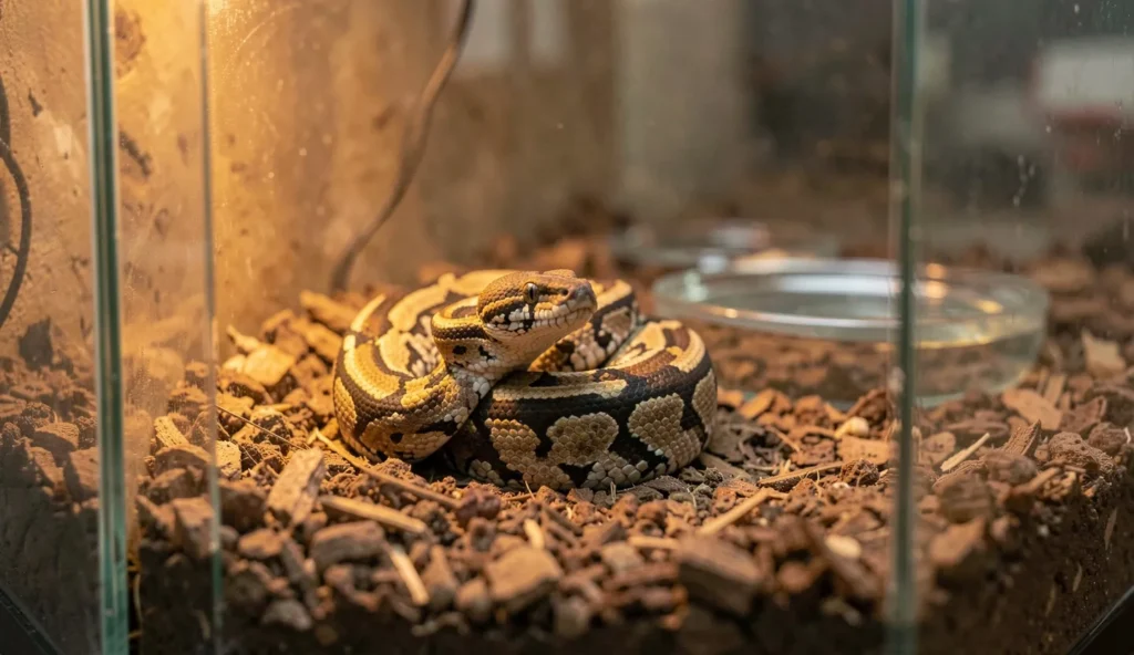 Children python resting inside a warm hide in a compact enclosure with a water dish visible in the background.