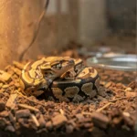 Children Python – Size, Temperament, Enclosure, Diet, And Complete Care Guide Children python resting inside a warm hide in a compact enclosure with a water dish visible in the background.