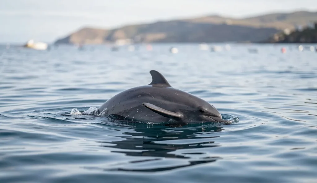 A dark Chilean dolphin near the ocean surface in coastal waters with gentle ripples and a distant shoreline.