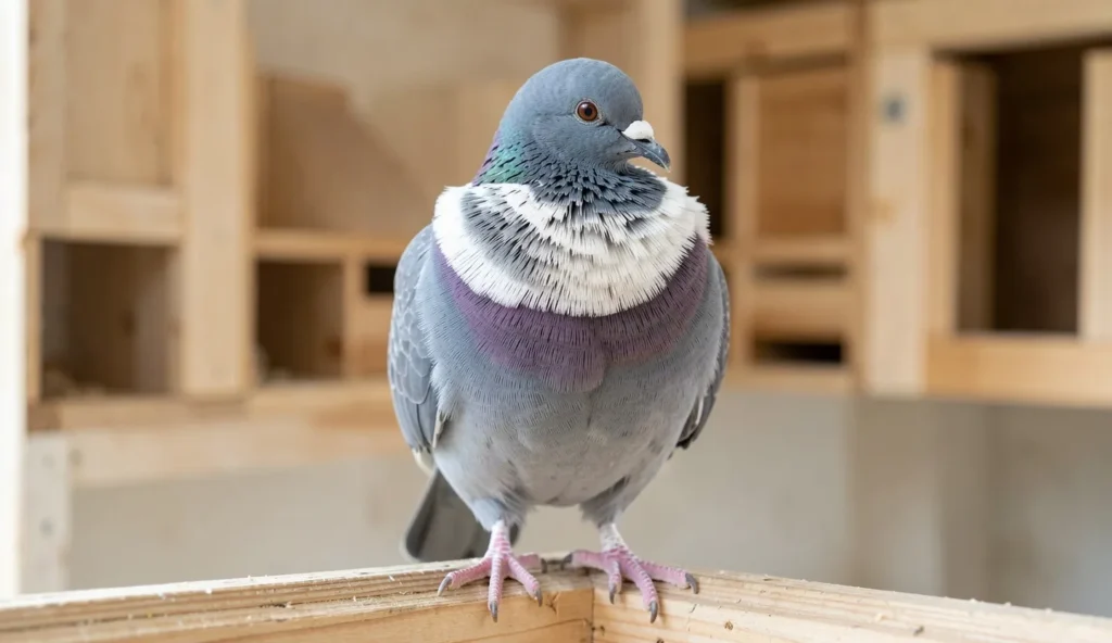Chinese Owl pigeon with short beak and prominent white frill perching on a wooden ledge in a clean loft