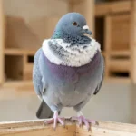Chinese Owl pigeon with short beak and prominent white frill perching on a wooden ledge in a clean loft