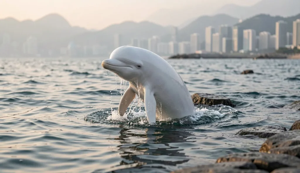 A Chinese white dolphin surfaces near the shoreline in Hong Kong with droplets on the water surface at dawn.