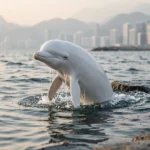 A Chinese white dolphin surfaces near the shoreline in Hong Kong with droplets on the water surface at dawn.