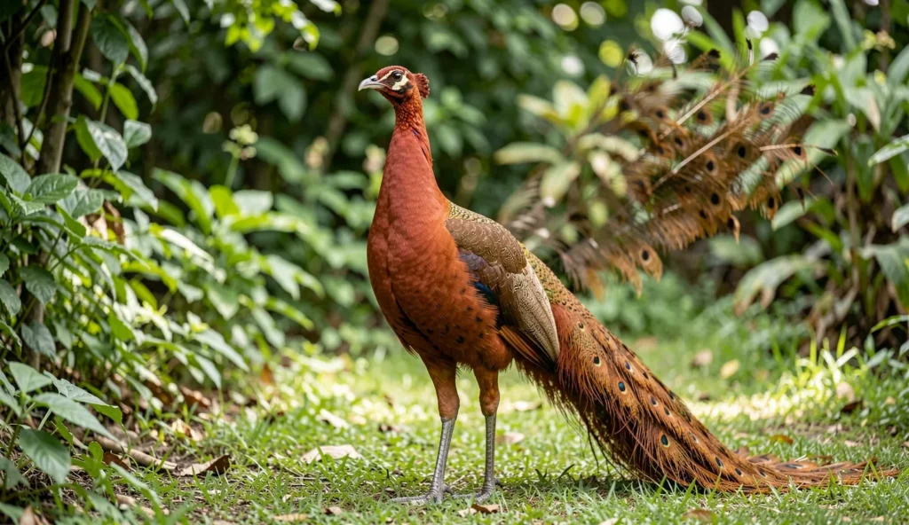 Cinnamon peafowl displaying warm brown mutation in a garden setting