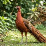 Cinnamon peafowl displaying warm brown mutation in a garden setting