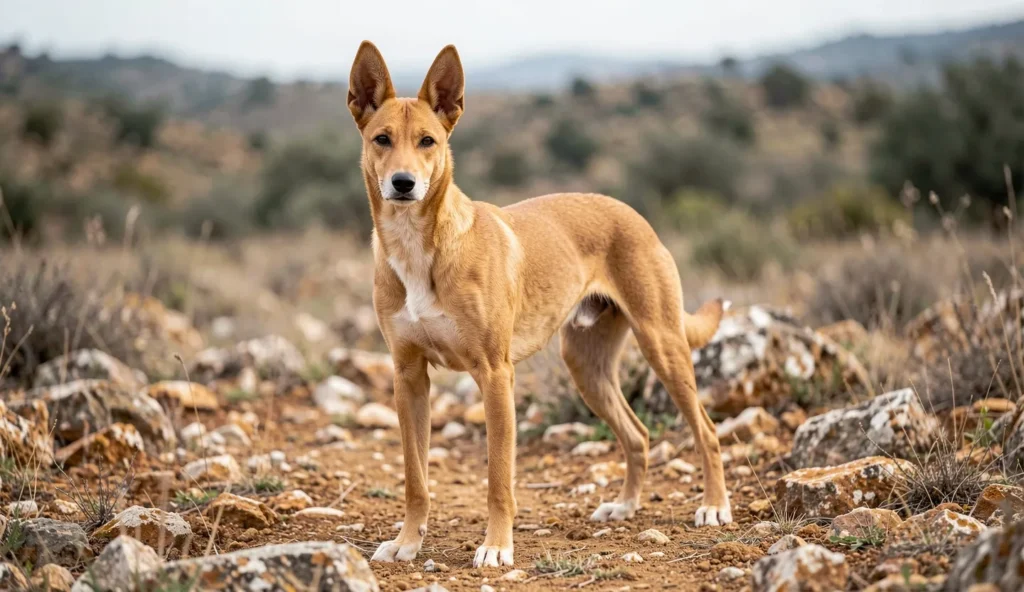 An adult Cirneco dell'Etna standing alert on rocky ground in natural daylight.