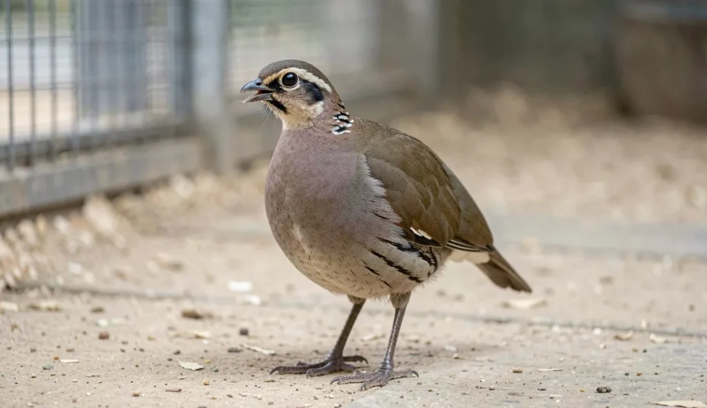 Clapperton francolin standing alert on an enclosure floor during a health observation
