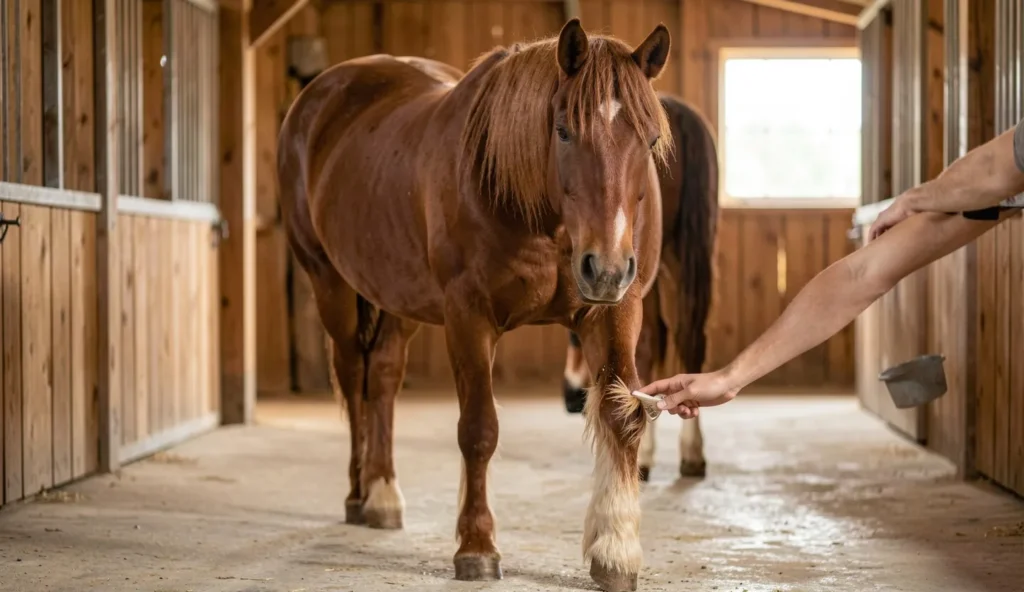A Clydesdale horse standing in a stable while a person gently brushes its feathered lower leg.