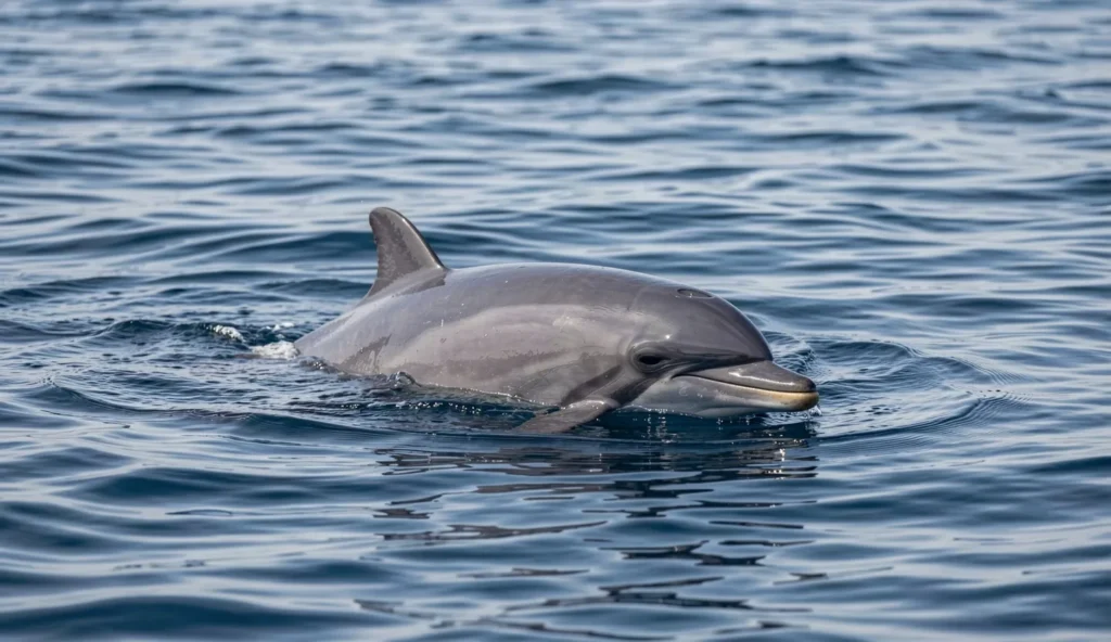 A Clymene dolphin swims in open Atlantic water with its dorsal fin visible above the surface.