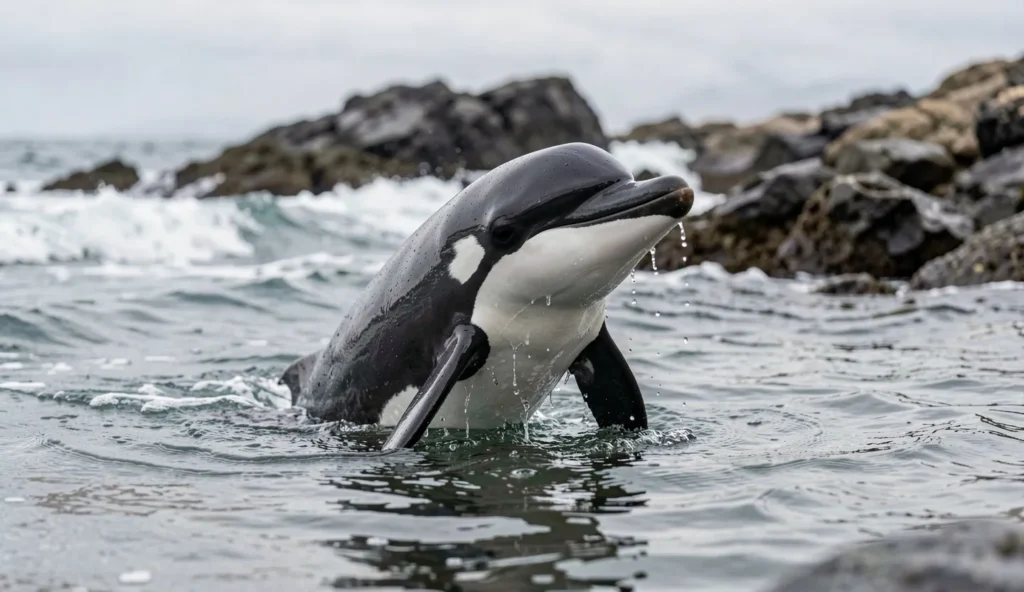 A Commerson's Dolphin with a black and white face pattern surfaces near a rocky South American coastline.