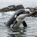 Commerson's Dolphin – Panda Dolphin Facts, Behavior, Habitat & Complete Guide A Commerson's Dolphin with a black and white face pattern surfaces near a rocky South American coastline.