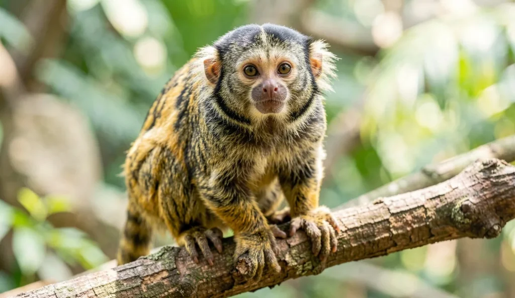 Close-up photo of a Common Marmoset perched on a branch in a sunlit enclosure.