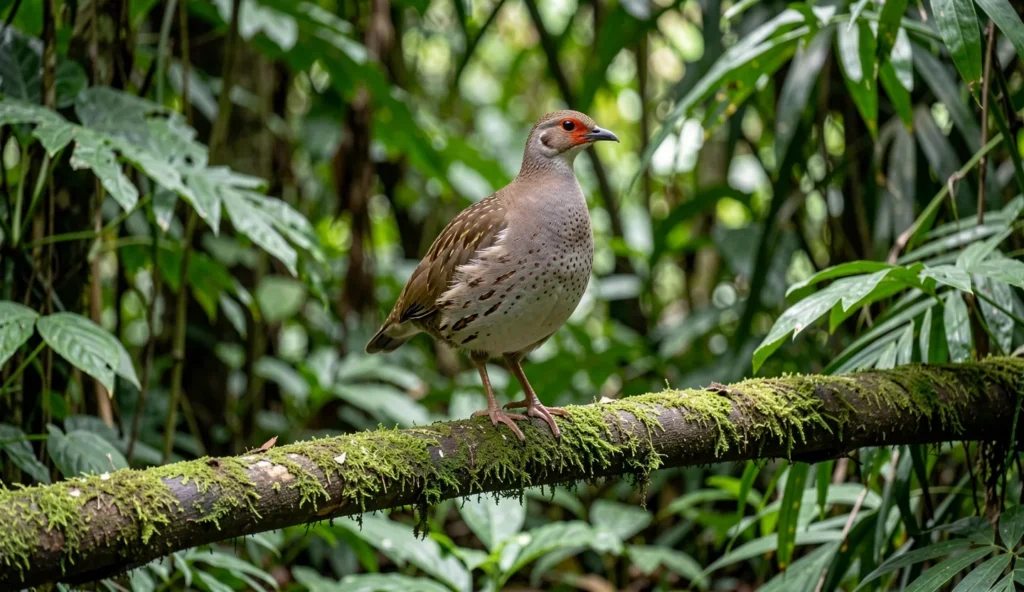 Congo Francolin in a rainforest enclosure with dense vegetation