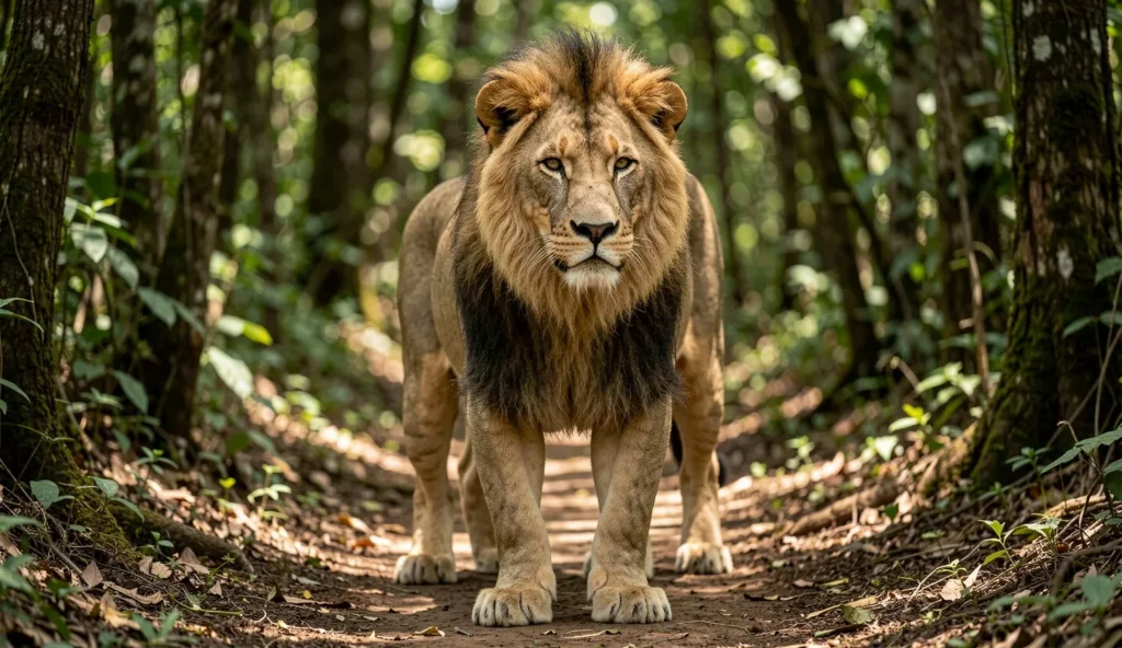 An adult male lion with a relatively short mane stands on a shaded forest trail surrounded by dense greenery.