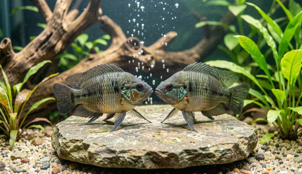 Two convict cichlids guarding a flat rock spawning site inside a freshwater aquarium.