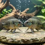 Two convict cichlids guarding a flat rock spawning site inside a freshwater aquarium.