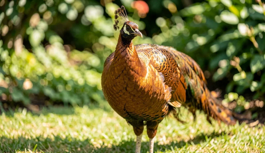 Copper peafowl displaying reddish metallic iridescence in a garden setting