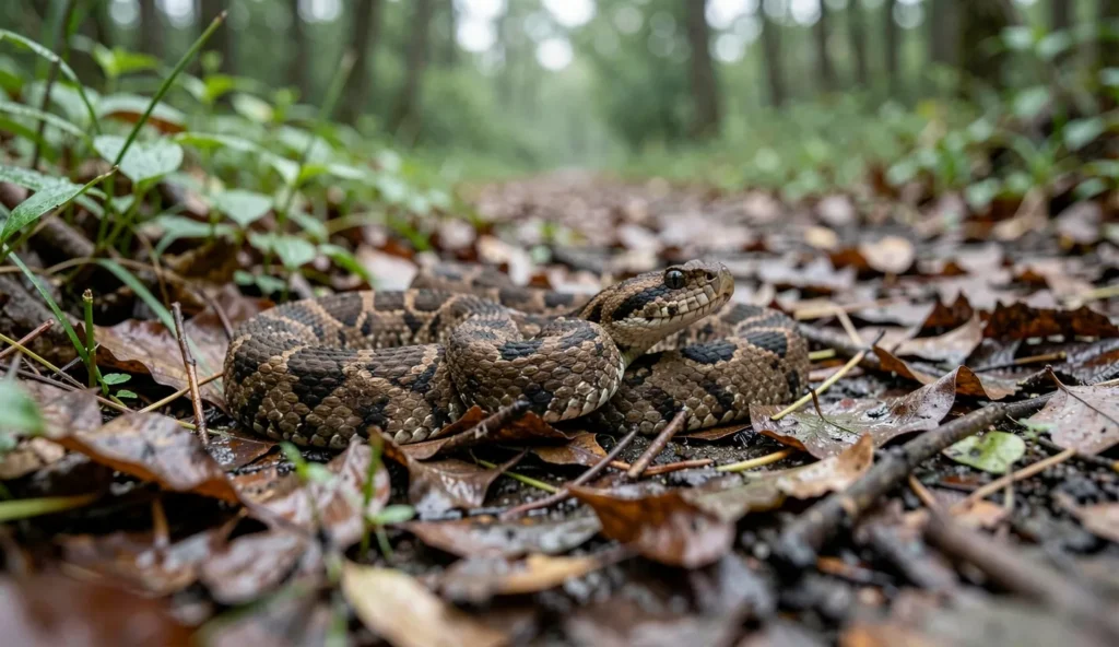 A copperhead snake resting in leaf litter near a wooded path with its head slightly raised.