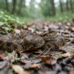Copperhead Snake – Copperhead Bite First Aid and Prevention Guide A copperhead snake resting in leaf litter near a wooded path with its head slightly raised.