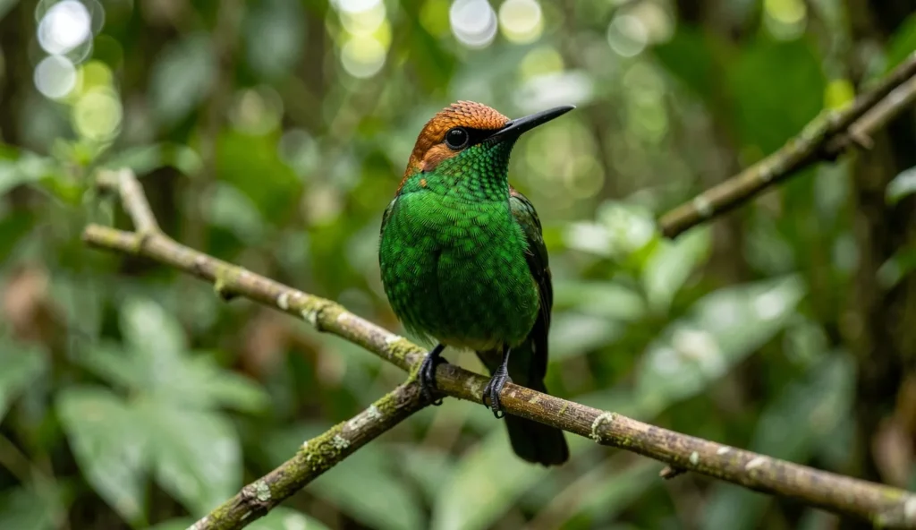 Male Coppery-headed Emerald perched in a Costa Rica rainforest showing copper crown and green body