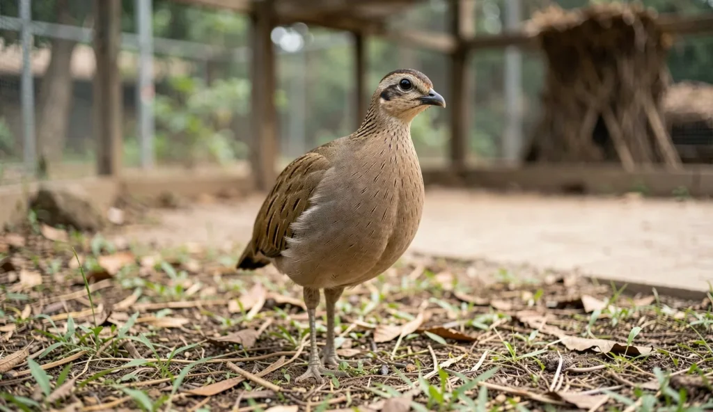 A Coqui francolin standing alert on the ground inside an aviary with natural cover and sheltered space nearby