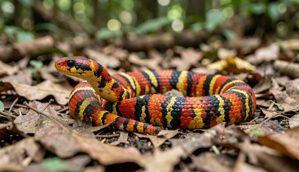 A coral snake with red, yellow, and black bands resting on leaf litter in a wooded area.