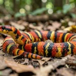 Coral Snake – Identification, Mimicry, Venom, Species & Habitat Guide A coral snake with red, yellow, and black bands resting on leaf litter in a wooded area.