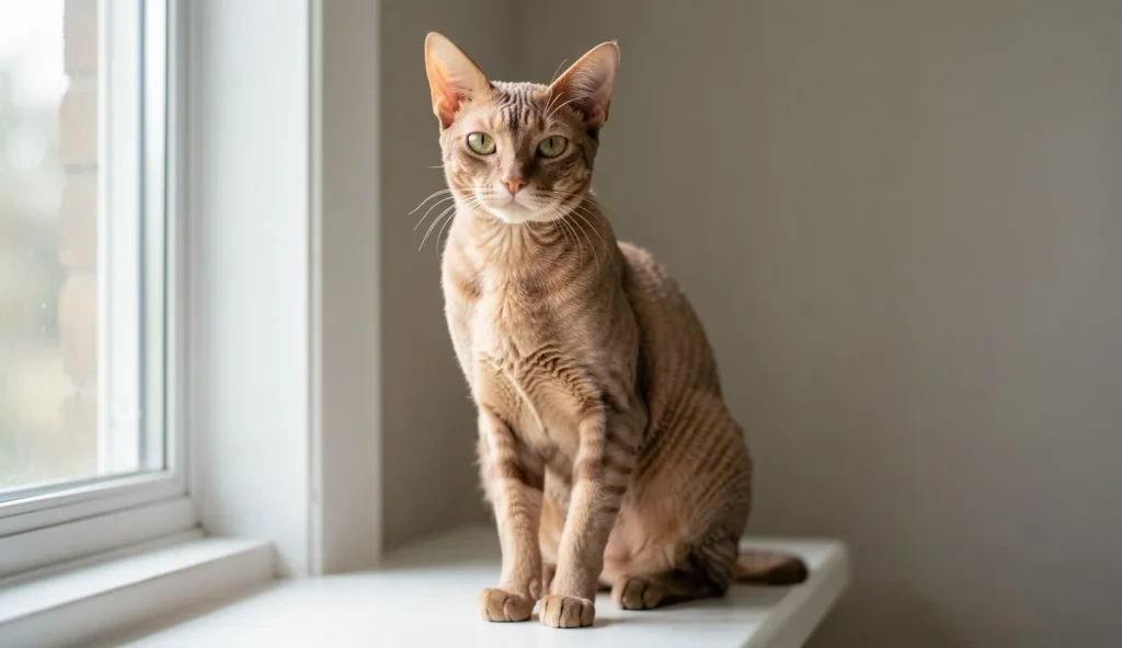 A Cornish Rex cat with a wavy curly coat sitting on a windowsill in natural light.