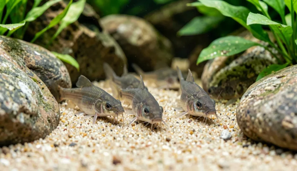 Corydoras catfish foraging on fine sand in a planted aquarium from a low angle view.