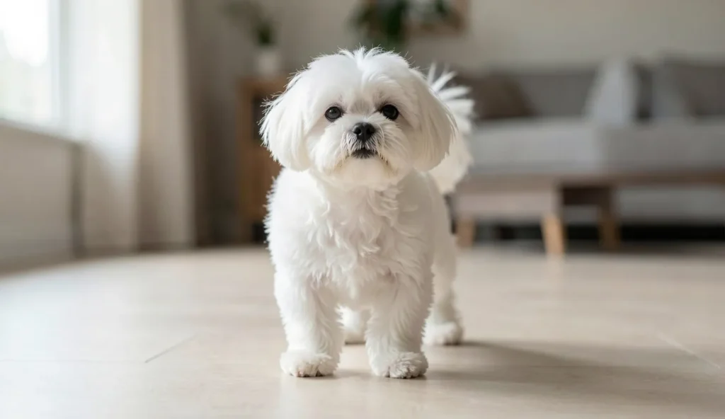 A well-groomed Coton de Tulear standing indoors in natural light with a relaxed, friendly expression.