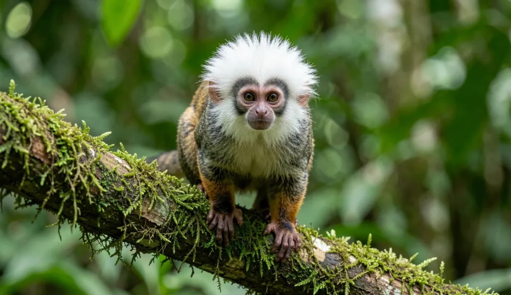 Cotton-Top Tamarin perched on a branch in a humid rainforest with a prominent white crest