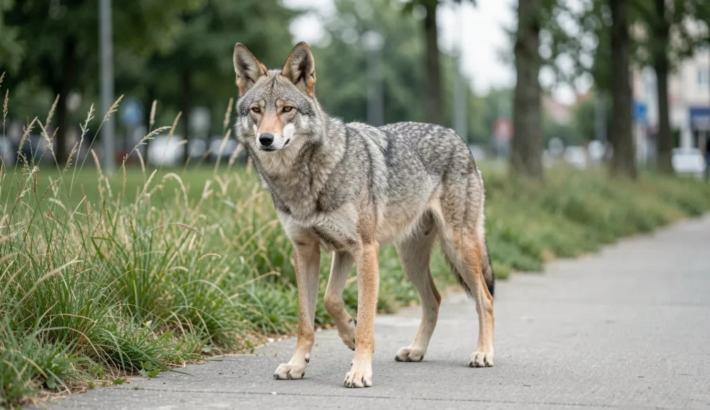 A wild canid with a gray-brown coat pauses on a sidewalk at the edge of an urban park with tall grass nearby.