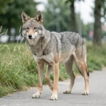 A wild canid with a gray-brown coat pauses on a sidewalk at the edge of an urban park with tall grass nearby.